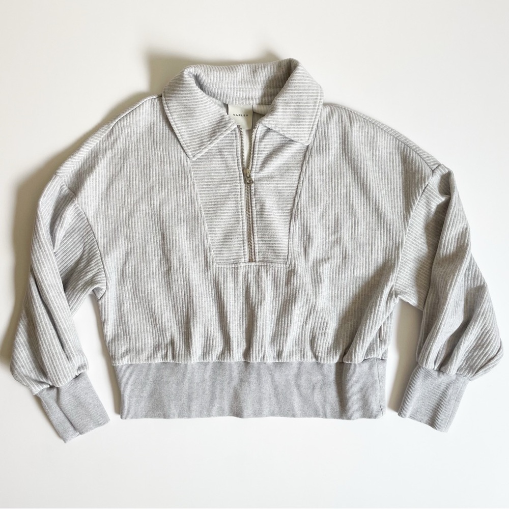 Varley Blair Half Zip Ribbed Cropped Pullover in Light Gray Cord Sweat